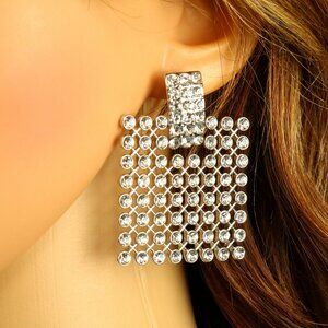 Large Rhinestone Earrings Pierced Articulated Dangles Silver Tone